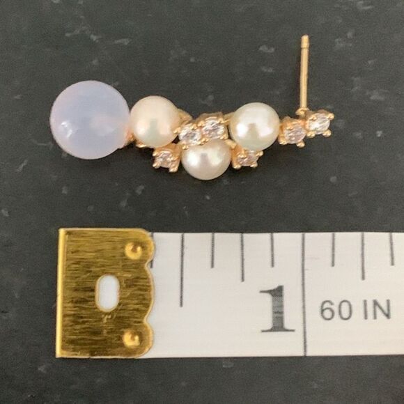 Purple Chalcedony & Real Pearl Drop Earrings with Rhinestones Vintage Style Gift - Picture 6 of 8